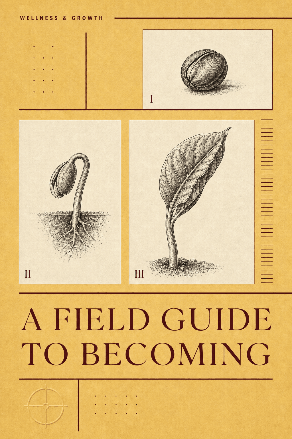 Wellness cover for A Field Guide to Becoming, designed as a candlelight botanical field plate showing seed, sprout, and leaf