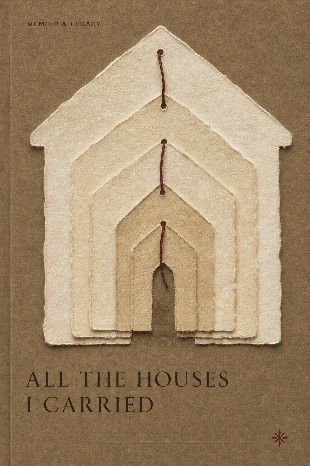 Memoir cover for All the Houses I Carried, featuring nested deckled-paper houses joined with burgundy bookbinding thread