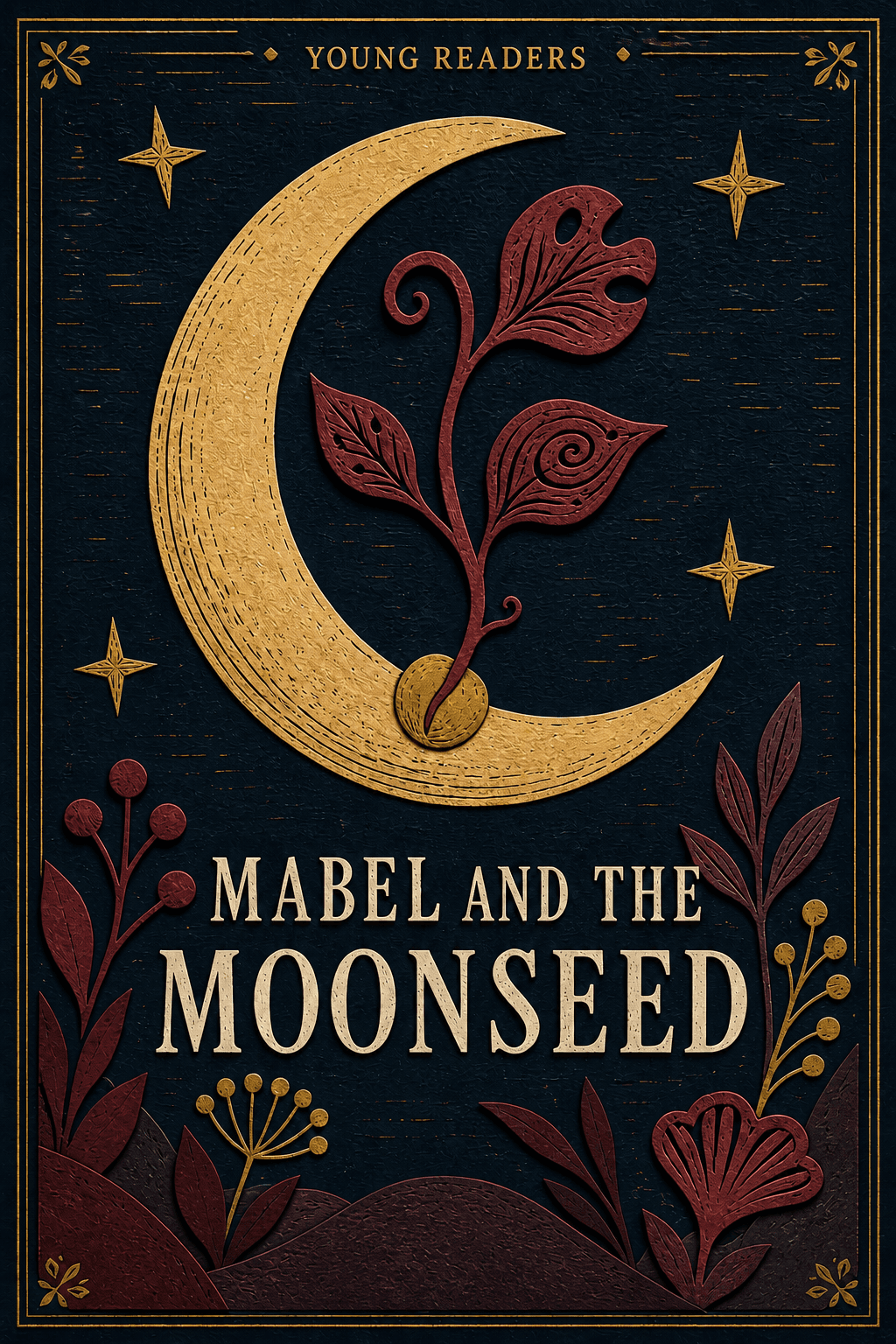 Young readers cover for Mabel and the Moonseed, with a gold crescent and burgundy cut-paper botanicals against midnight ink