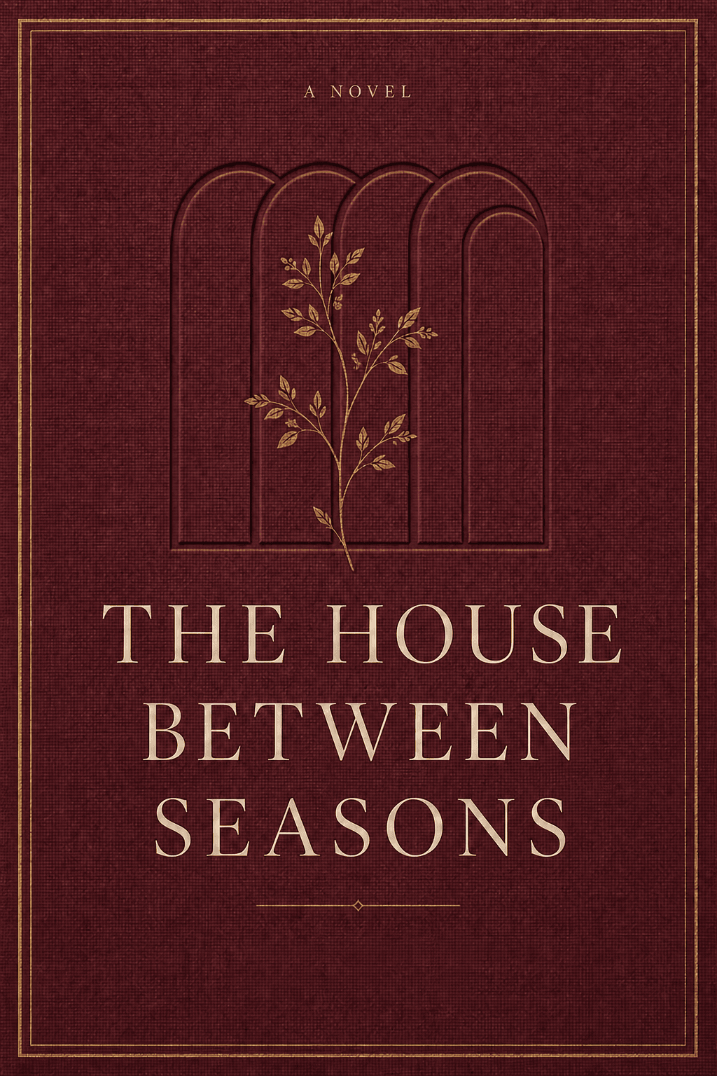 Literary fiction cover for The House Between Seasons, with blind-embossed arches and a gold botanical branch on burgundy linen
