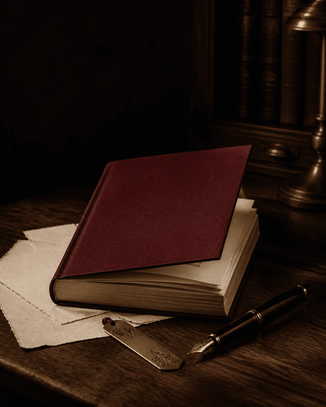 An oxblood clothbound book and fountain pen in a quiet editorial study