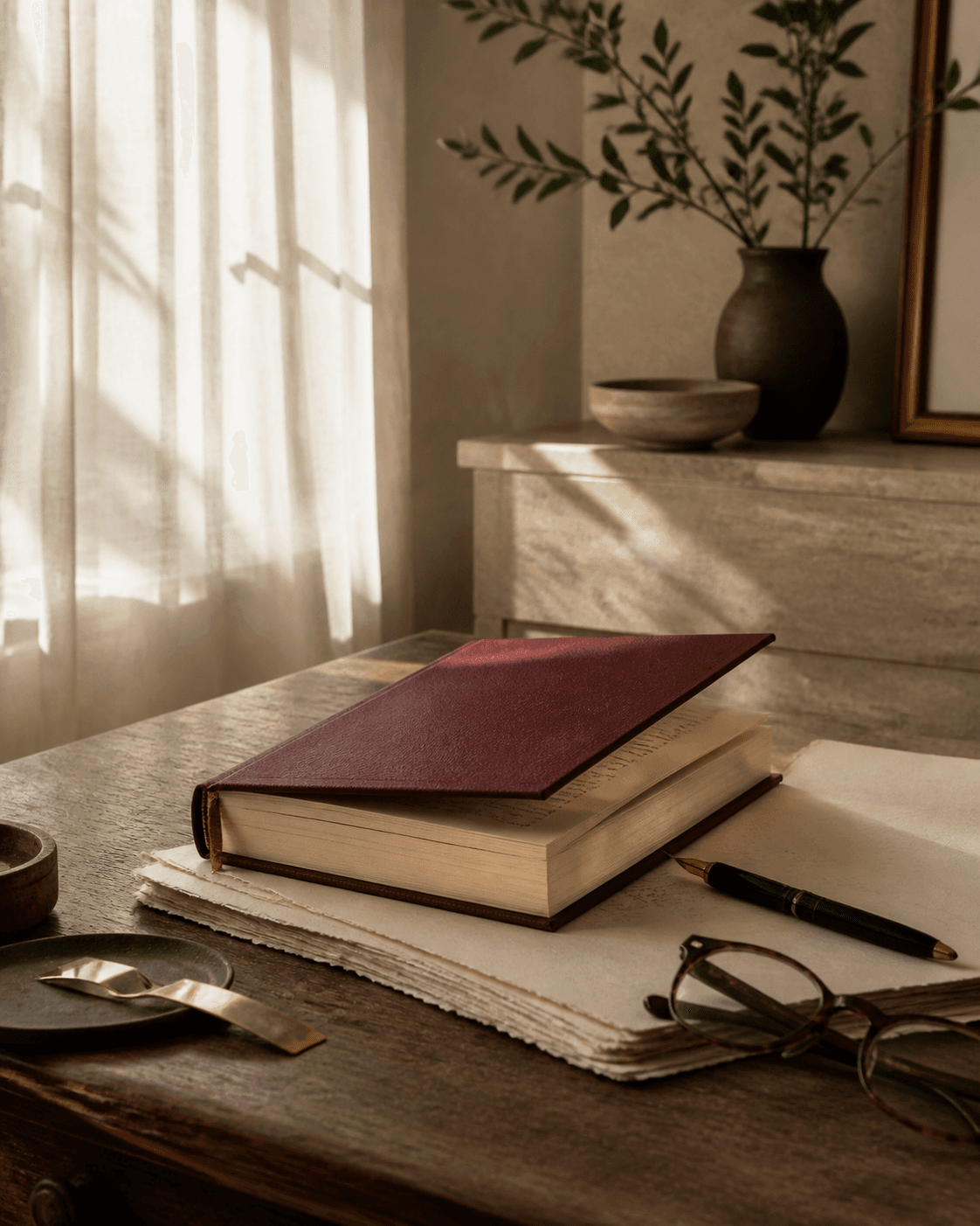 A finished book beside manuscript pages in a warm editorial studio